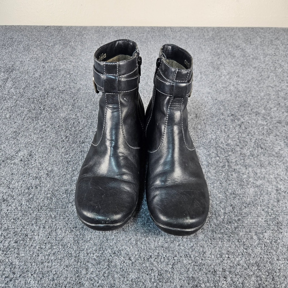 Azaleia Black Leather Ankle Boots Buckle Strap Side Zip White Stitching‎ 8M
